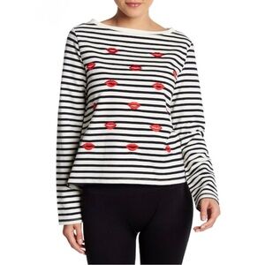 Betsey Johnson Black & White Stripes Lips Graphic Long Sleeve Top Womens 1X
